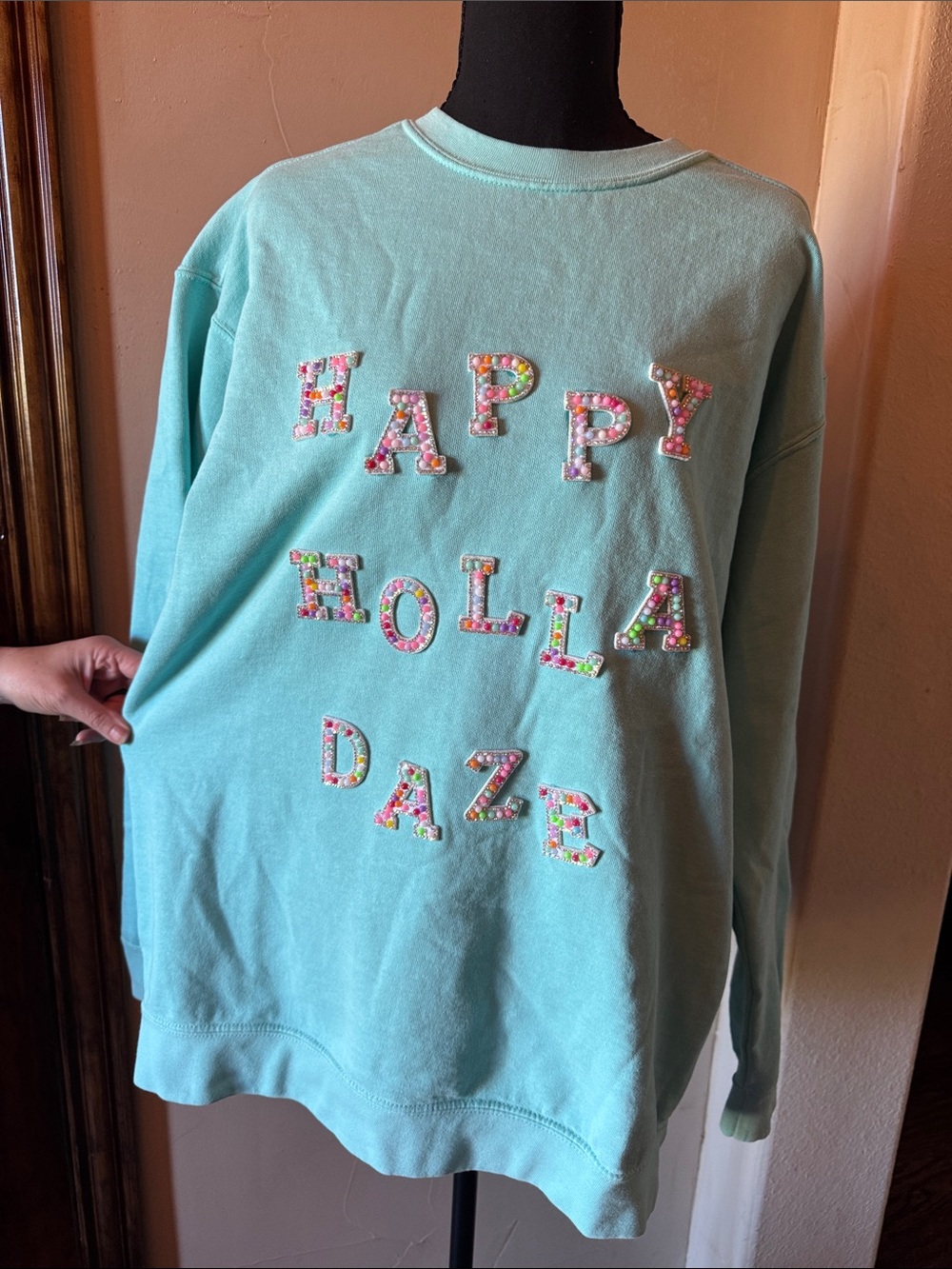 Comfort Colors Aqua Crewneck Sweatshirt with Embellished Lettering